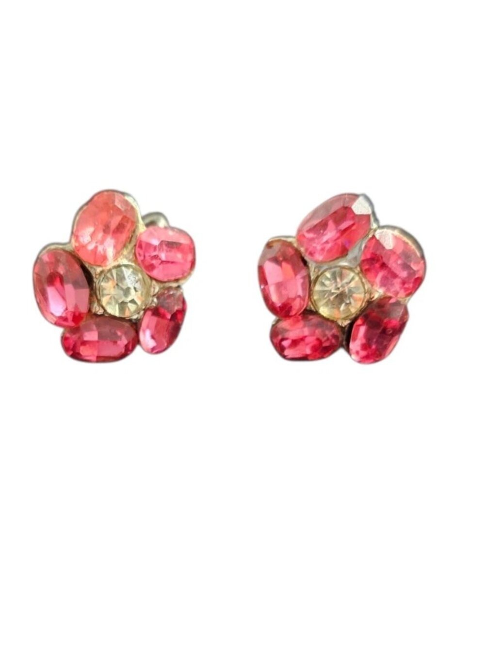 Vintage 1950s Pink & Clear Rhinestone Flower Screw Back Earrings Silver Tone MCM
